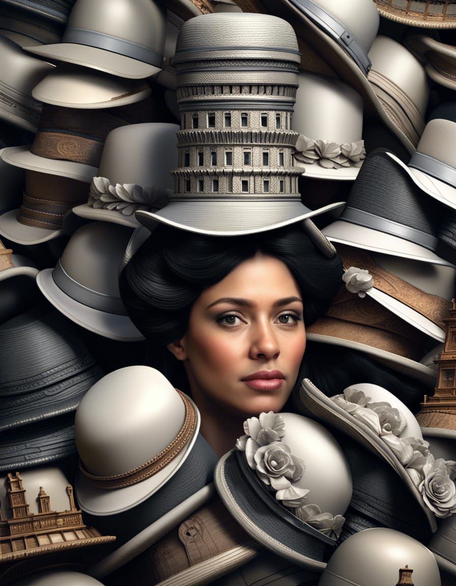 Hyperrealistic Woman Balances Tower of Work Hats
