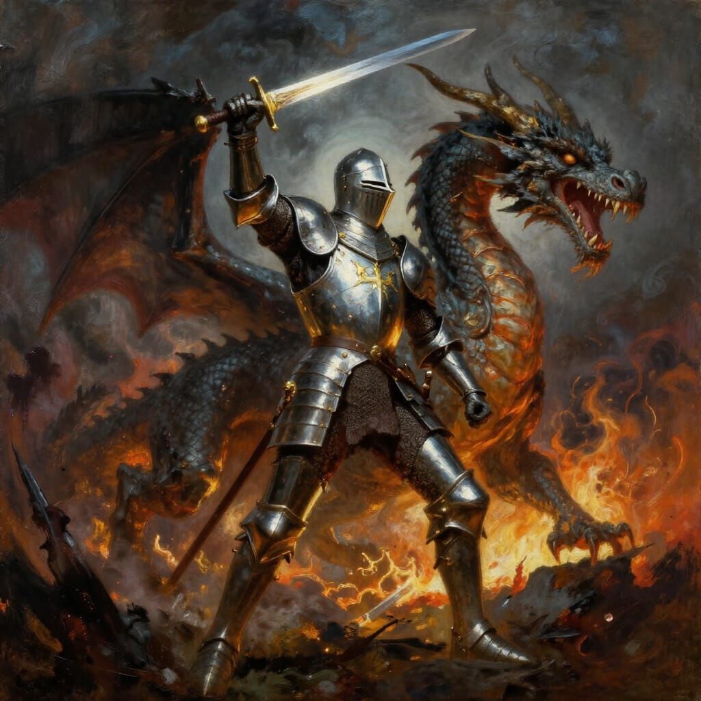 Brave Knight Battles Fiery Dragon in Dramatic Landscape