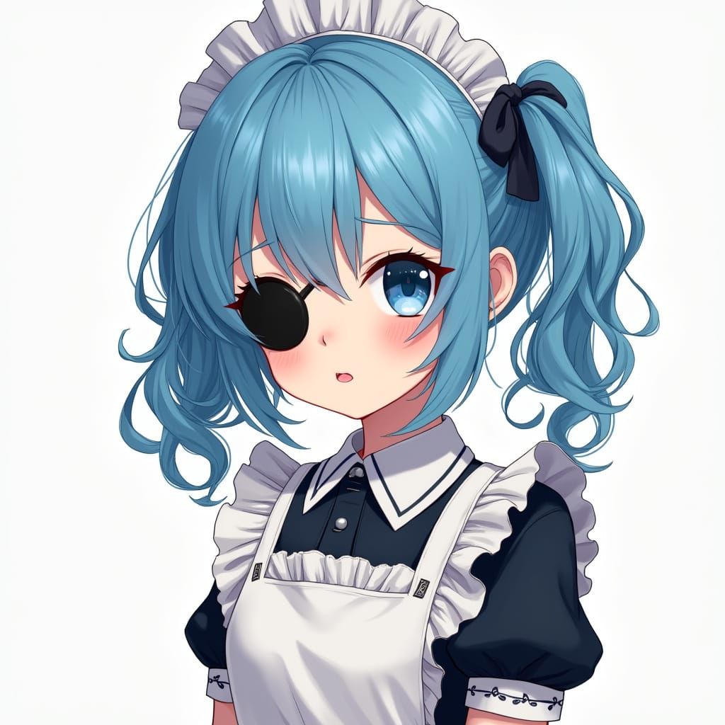 Anime Maid Girl with Vibrant Blue Hair in Intricate Style