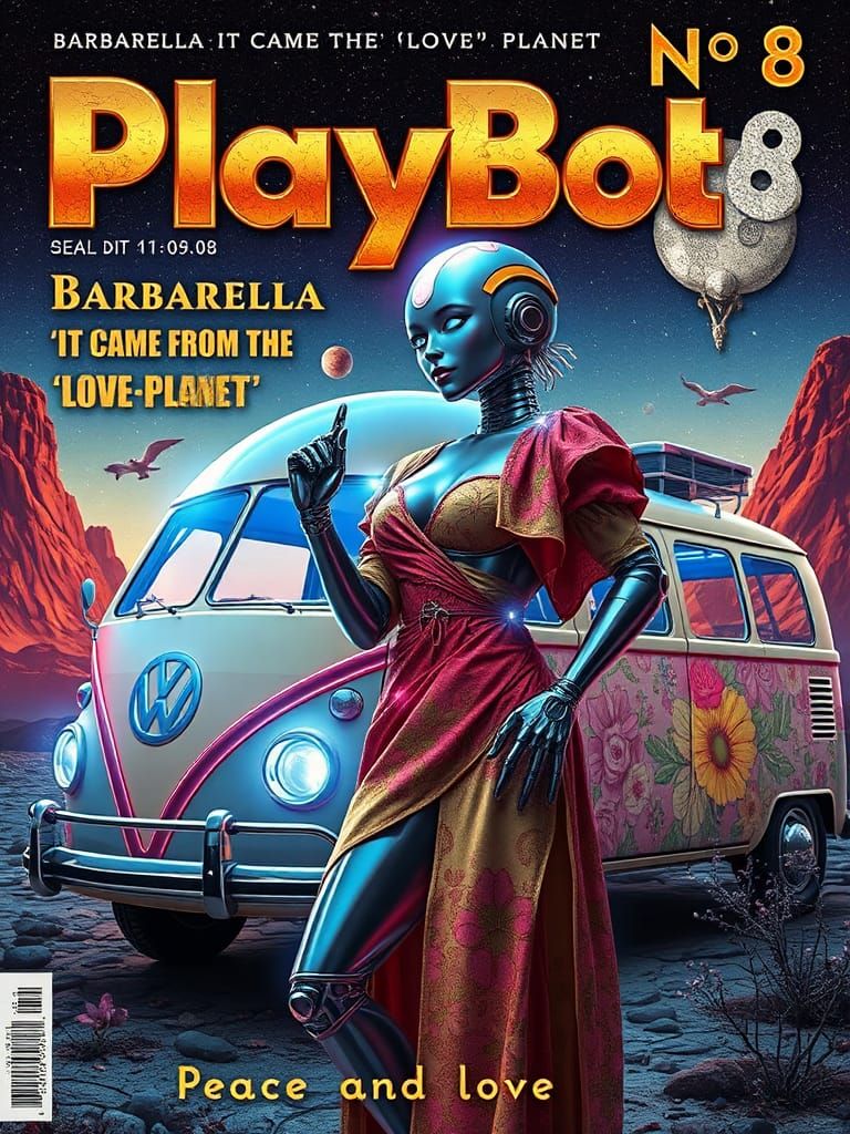Playbot Magazine Cover: Hippie Robot in Dystopian Dreamworld