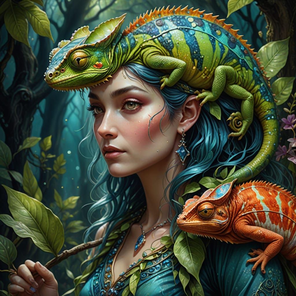 Chameleon Fairy Woman in Vibrant Oil and Ink