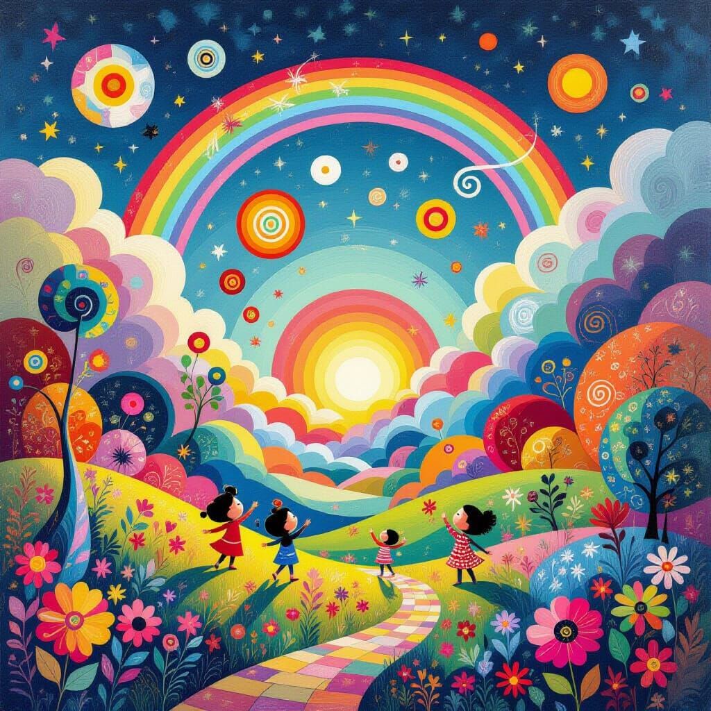 Vibrant Miró-Inspired Surreal Landscape with Joyful Figures