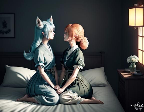 Romantic Kitsune Intimacy in Manga Ink-Wash Style