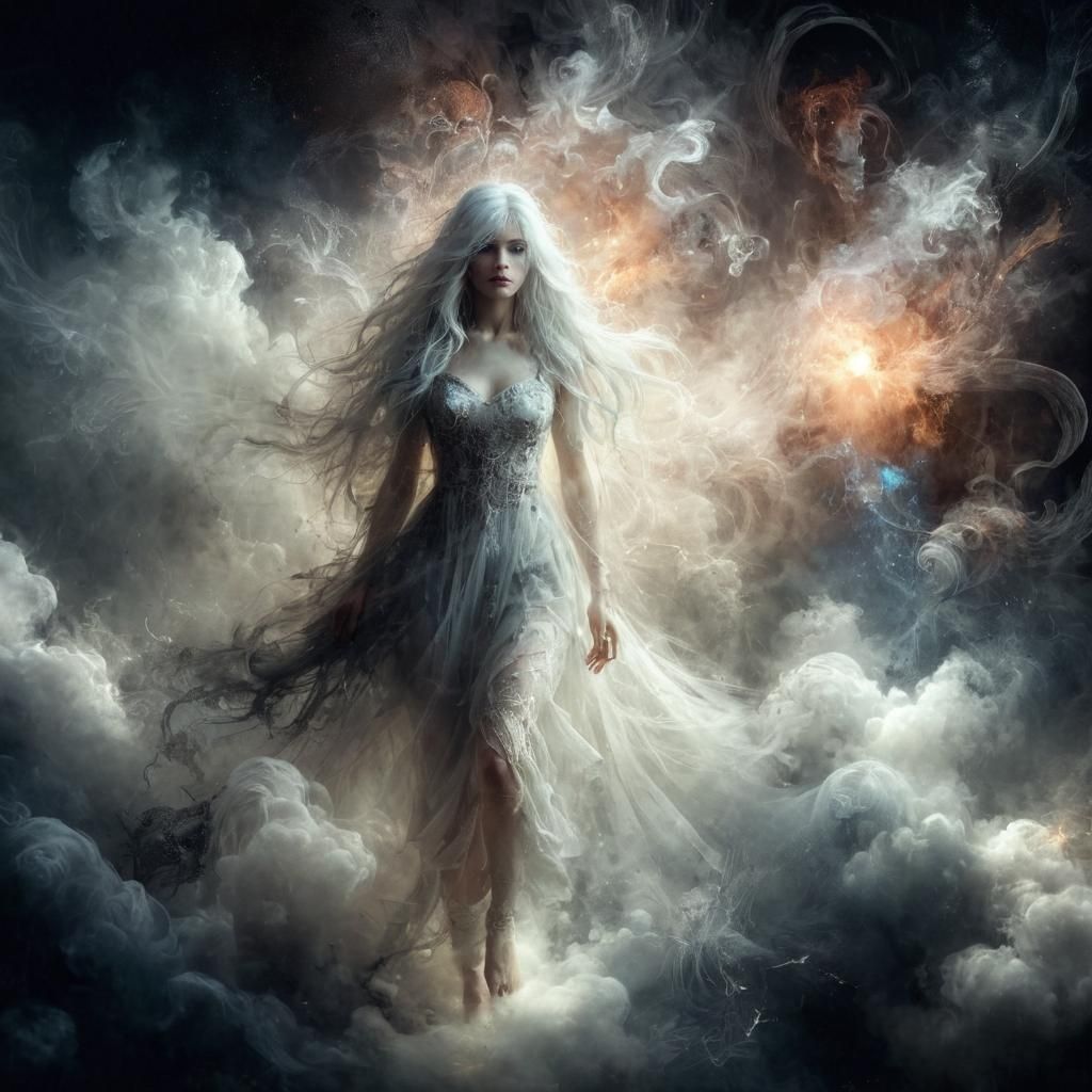 Ethereal White-Haired Woman in Dark Fantasy Style