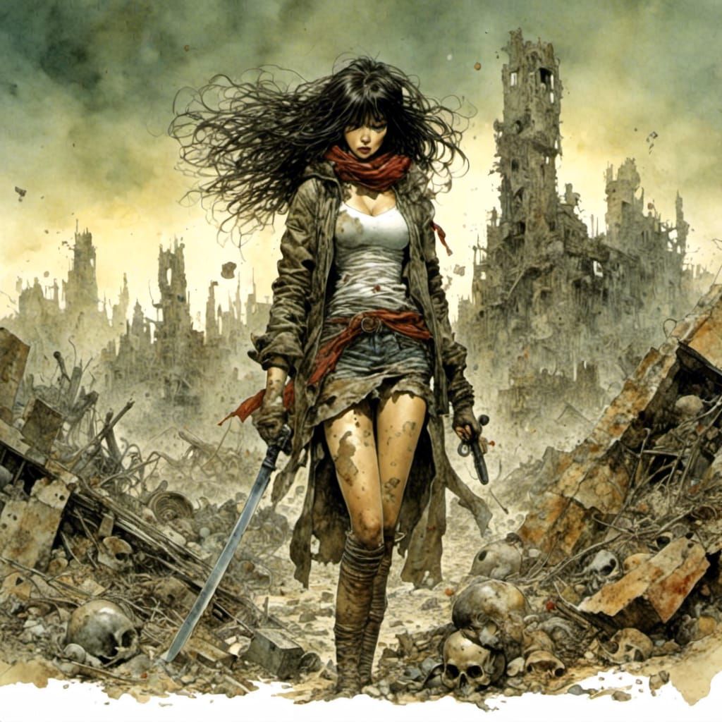 Apocalyptic Girl with Katana in Wasteland Digital Painting