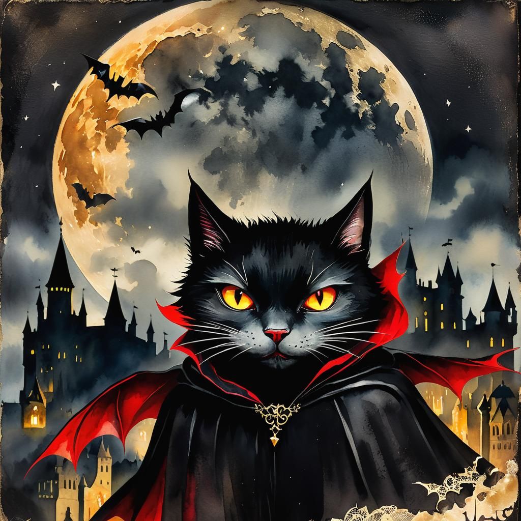 Vampire Cat in Dracula's Castle, Watercolor Illustration