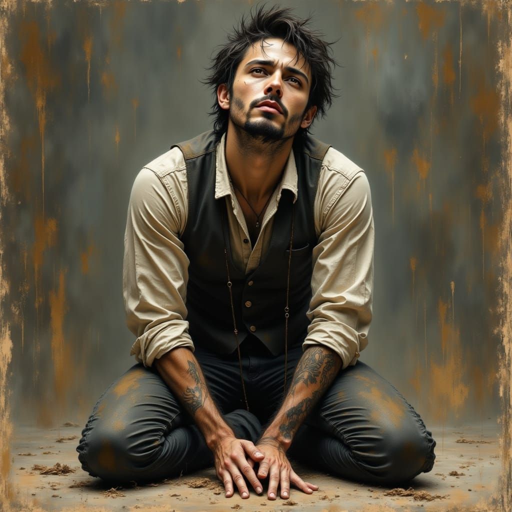 Pleading Man Kneeling, Evoking Yearning and Desperation