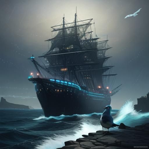 Cyber Seagull Gazing at Starry Night in Cyberpunk Style