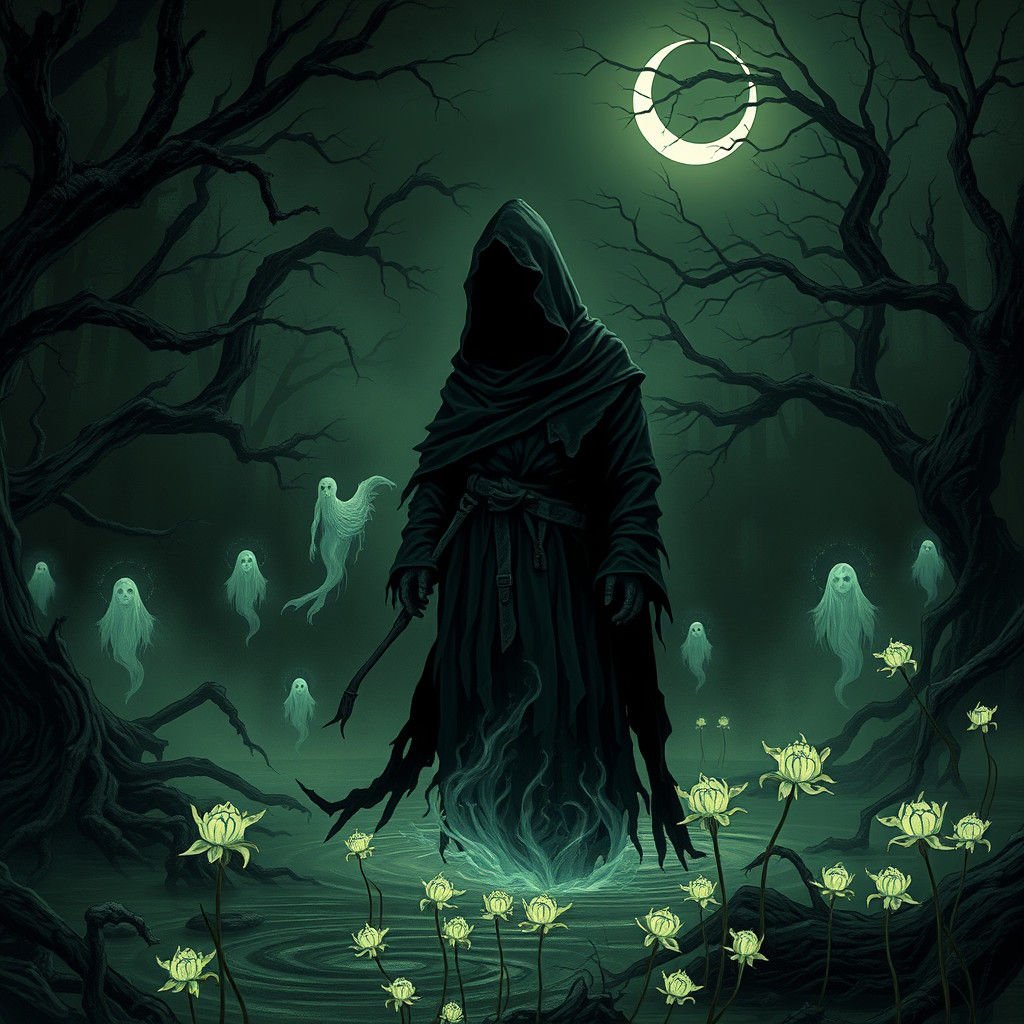 Eerie Hooded Figure at Enchanted Pond