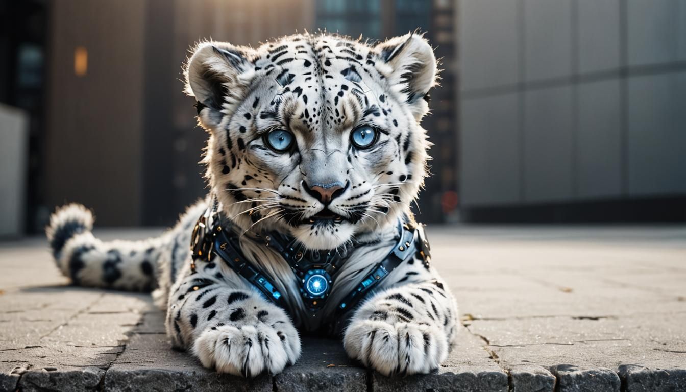 Angry Snow Leopard Cyborg Roaring Near Skyscraper