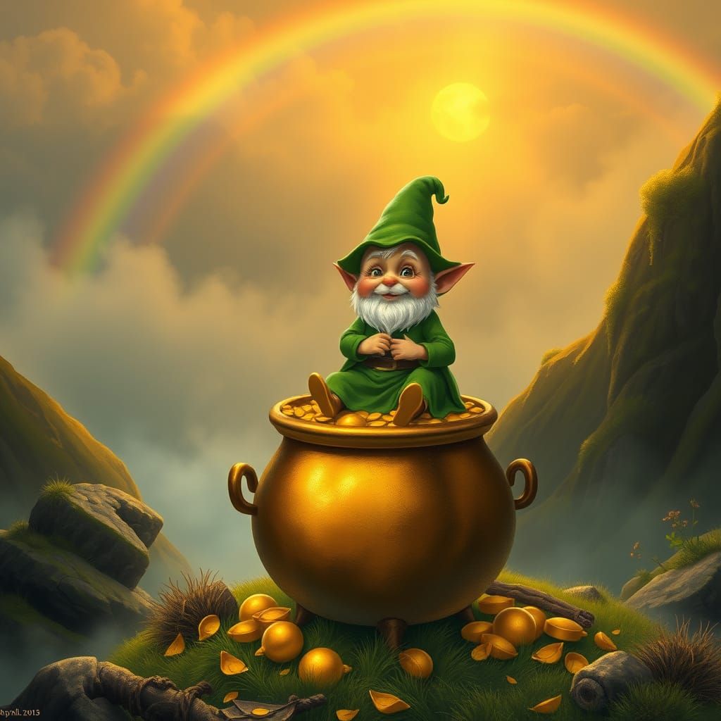 Whimsical Kobold Amidst Irish Landscape of Good Fortune