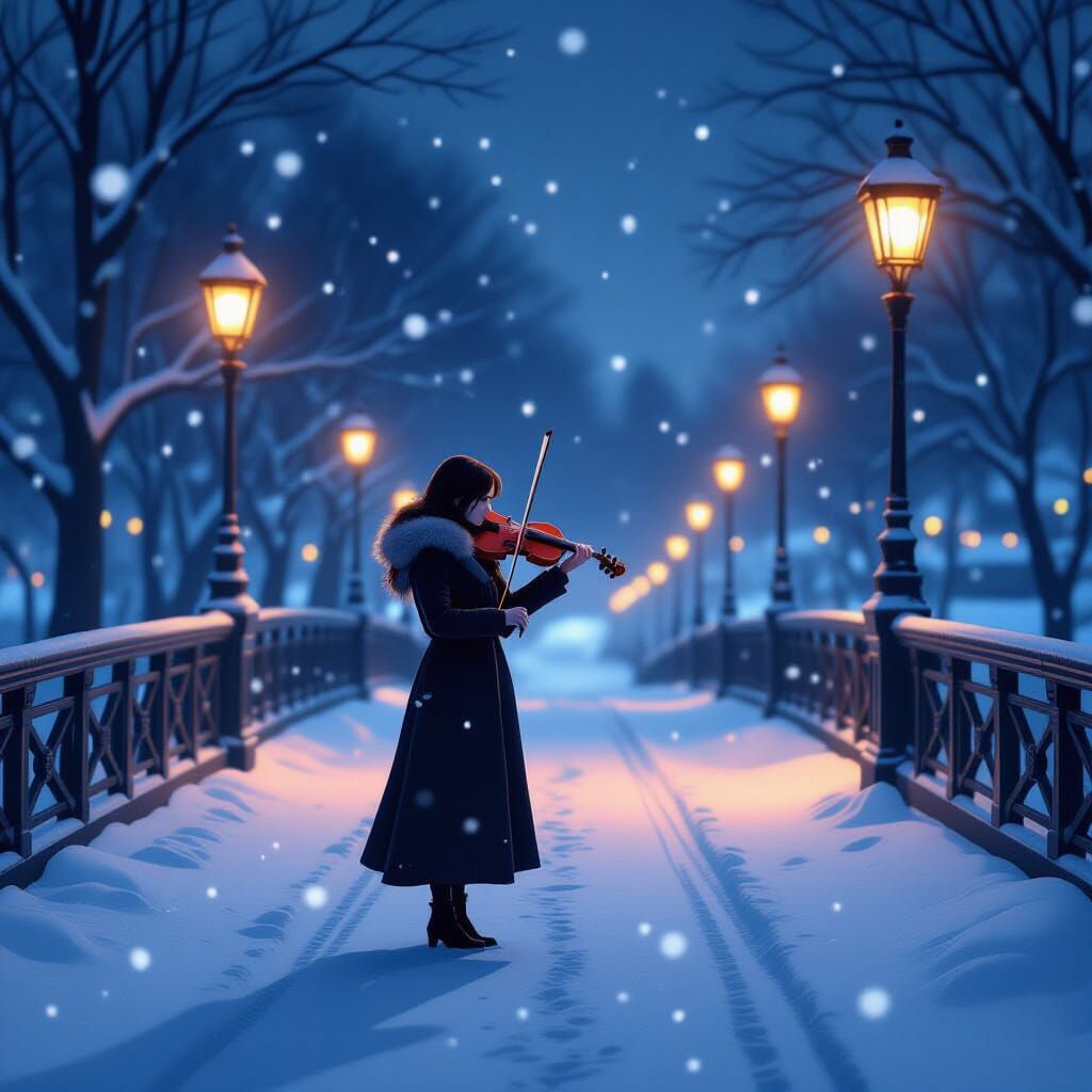 Violinist on Snowy Bridge at Midnight
