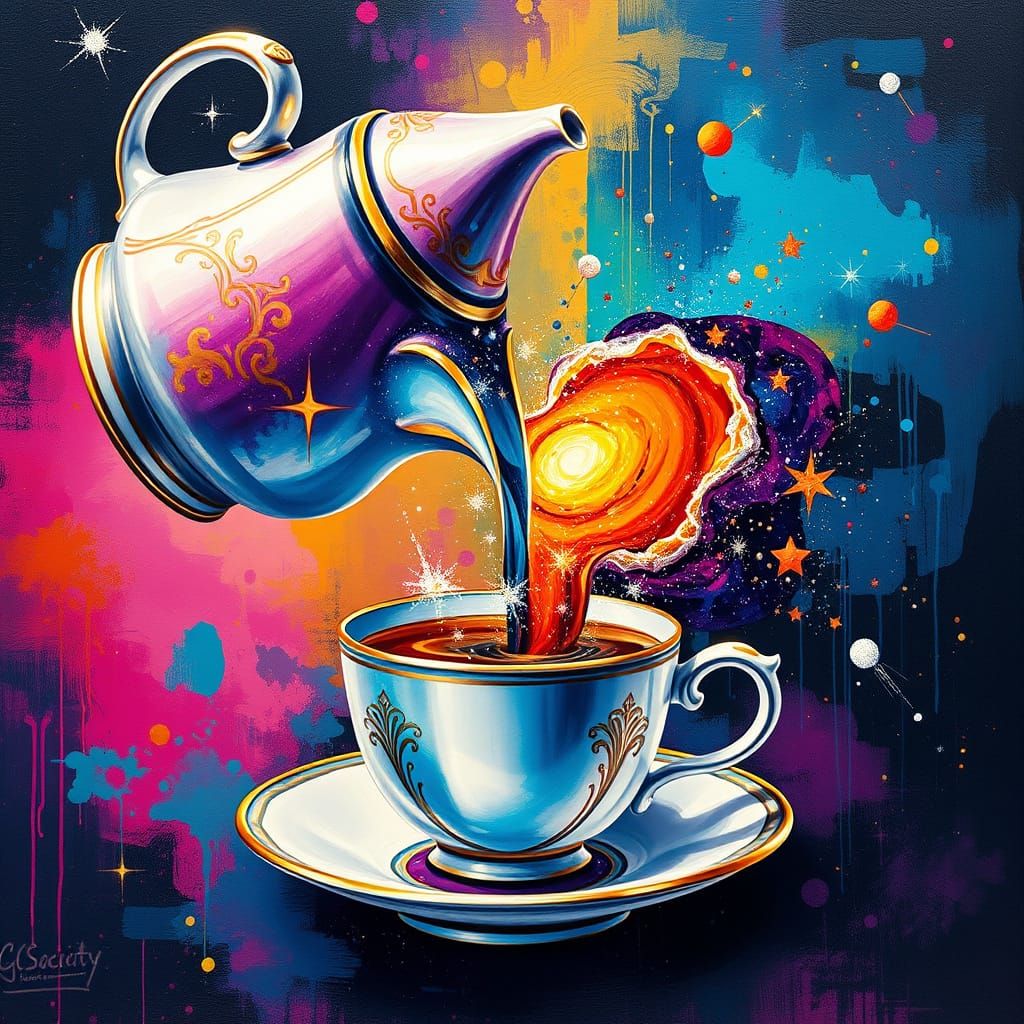Ethereal Galactic Teapot in Vibrant Graffiti Style