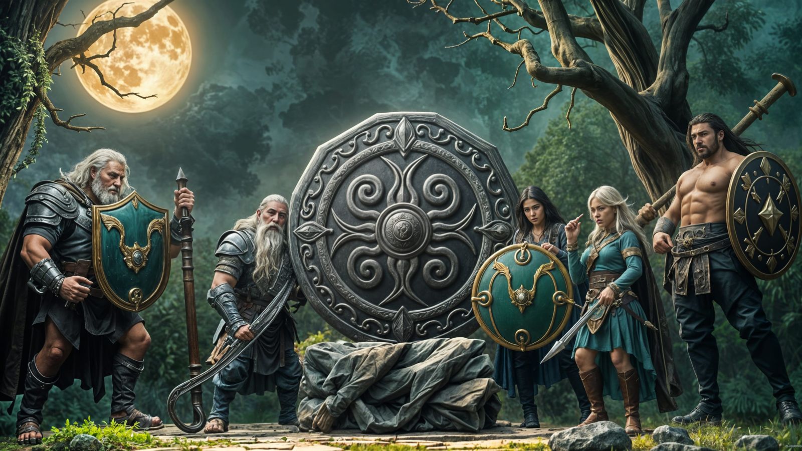 Medieval Fantasy Assembly Around Ancient Celtic Shield