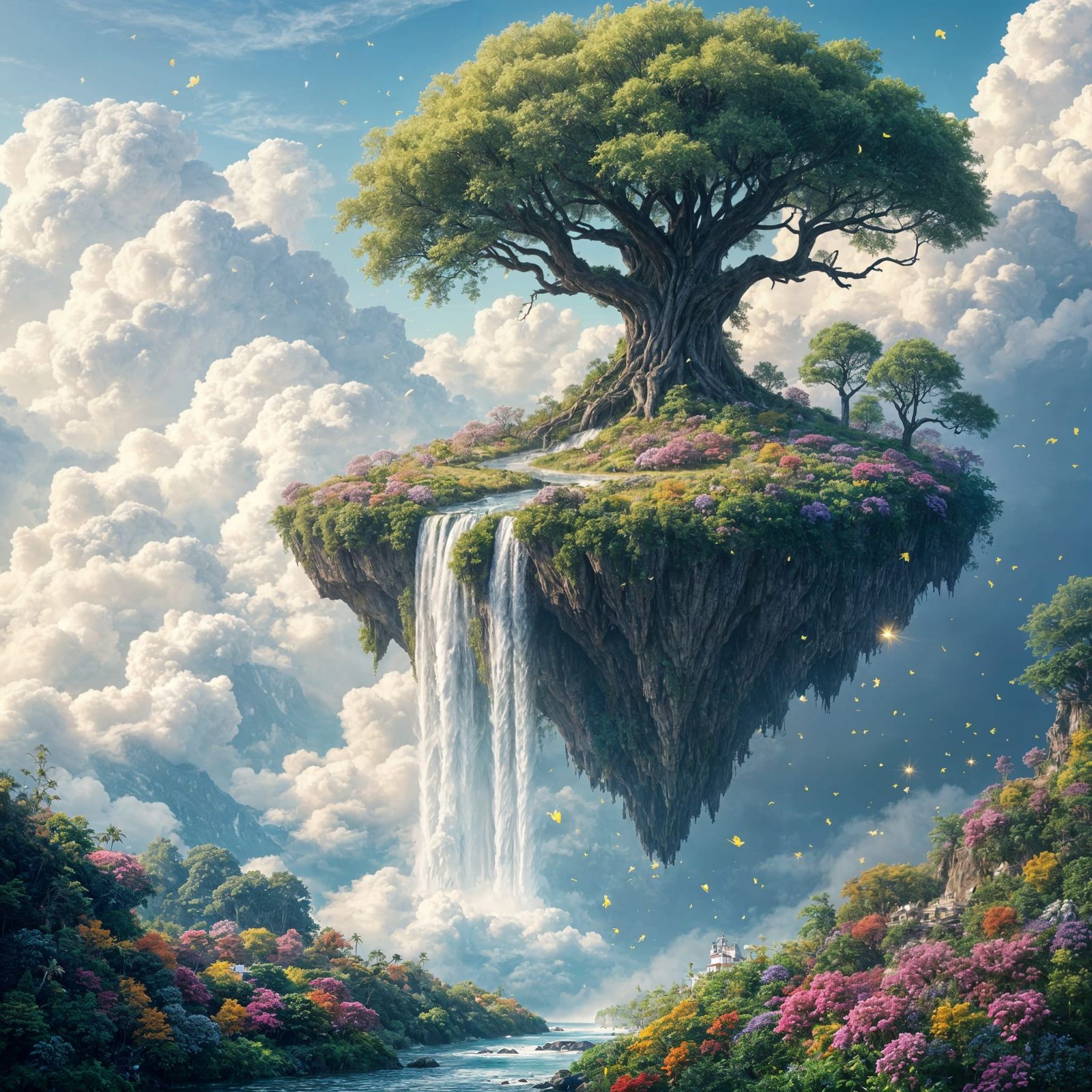 Surreal Cloud Island Scene with Majestic Waterfall and Yggdr...