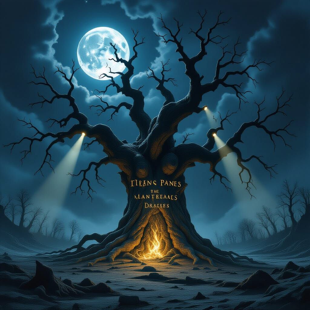 Ancient Rune Tree in Desolate Plain Under Fractured Moonligh...