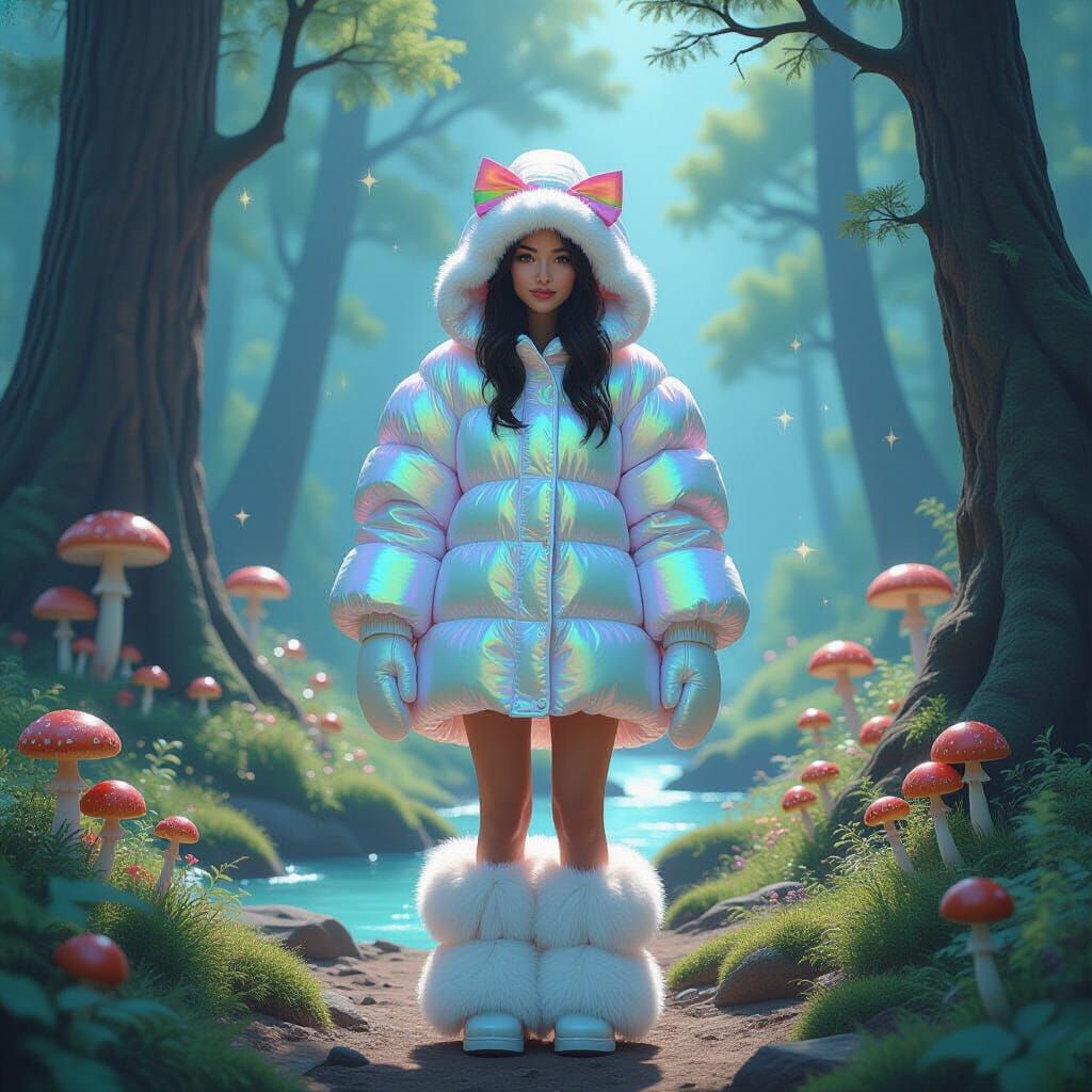 Woman in Puffy Downsuit in Mystical Forest