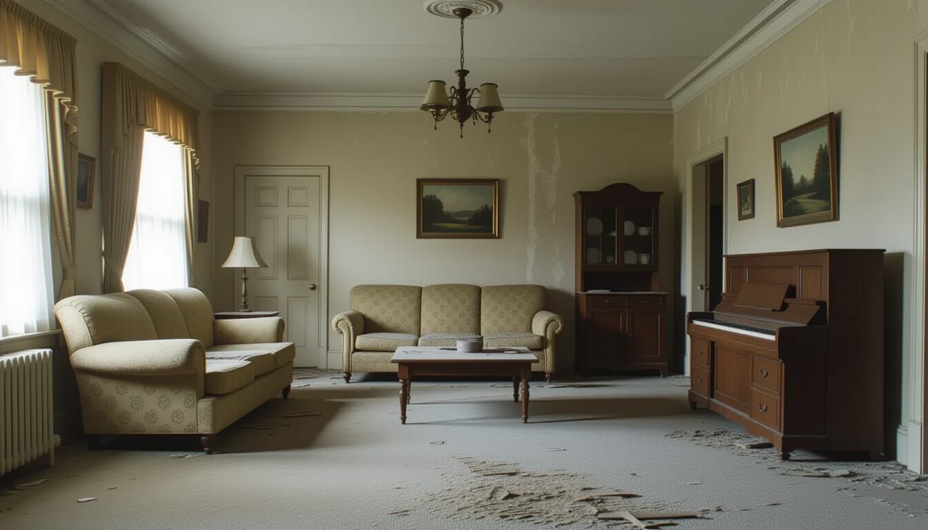 Abandoned Suburban House Interior, Dust Covered Furniture