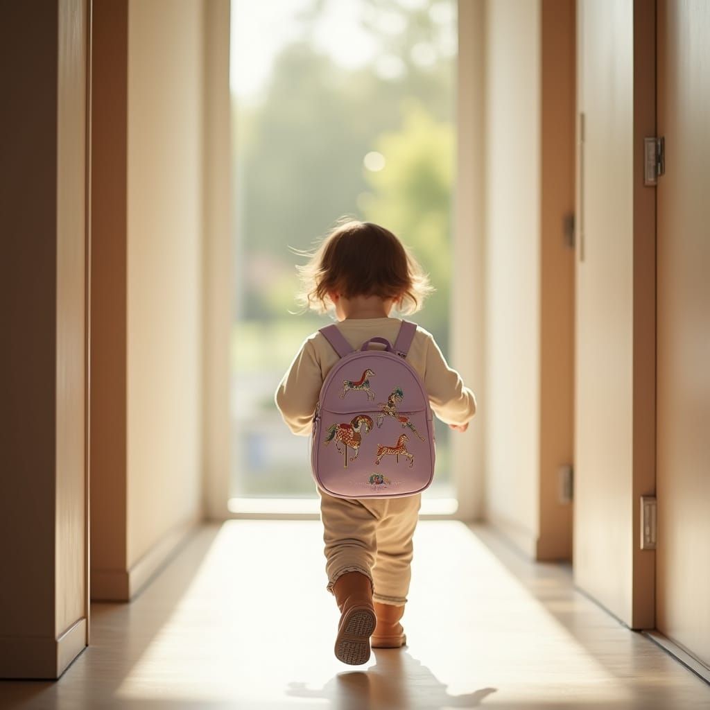 Serene Toddler Walking Away in Cozy Hallway