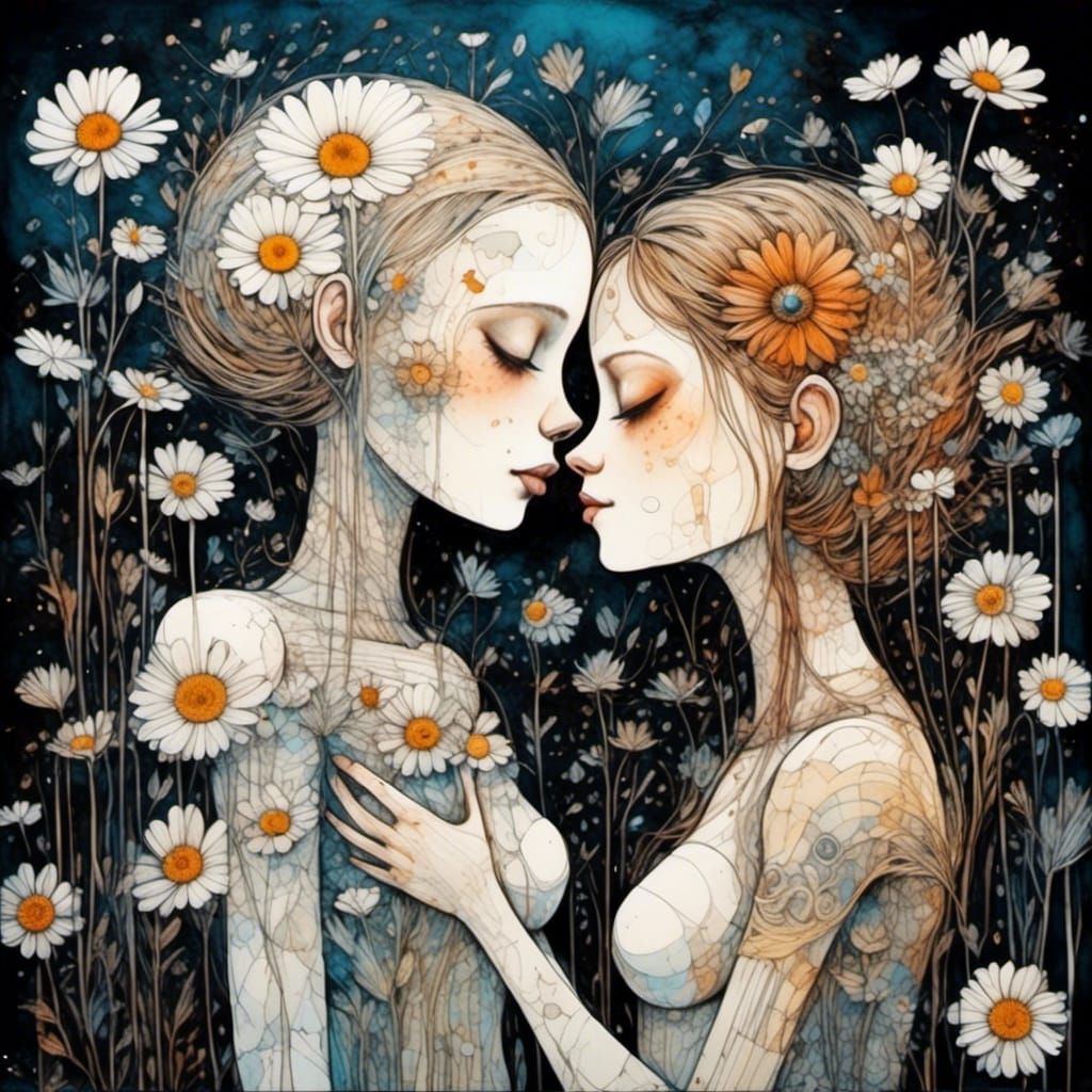 Cyborgs' Kiss in Daisy Meadow: Pyrography Style