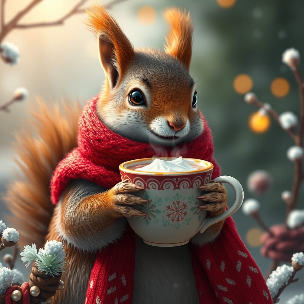 Squirrel in Whimsical Winter Wonderland, Dreamy Watercolor S...