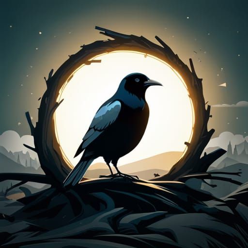 Crow in Branch Nest with Volumetric Lighting