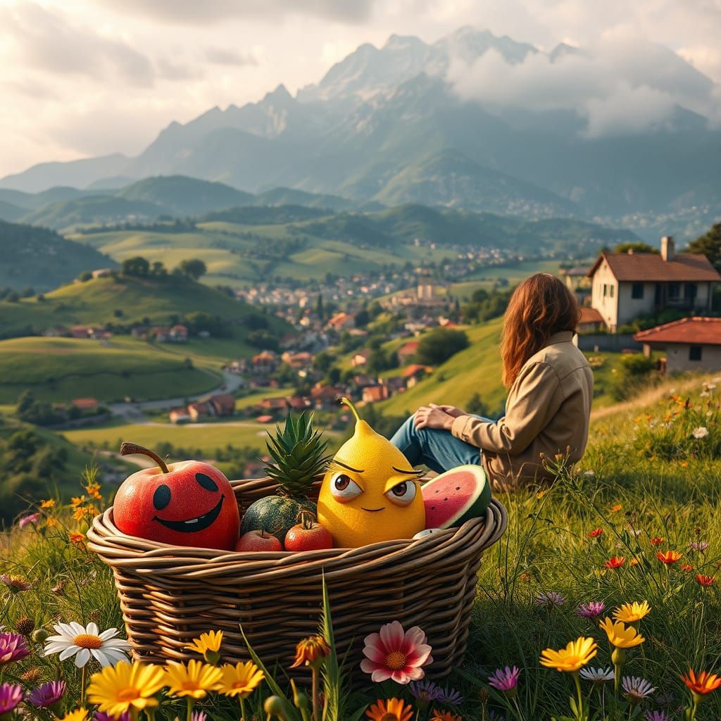 Earthly Picnic Amidst Vibrant Wildflowers and Rolling Hills