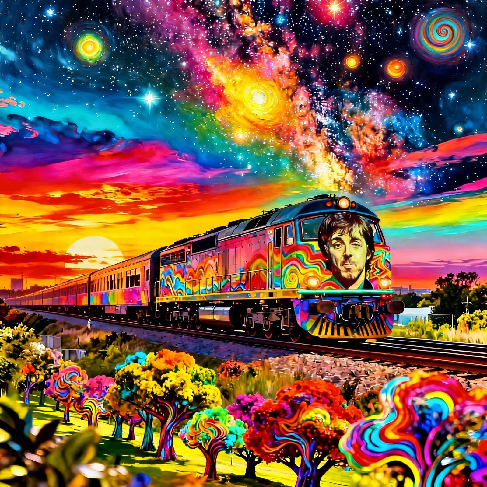 Psychedelic Train with Ringo Starr Face in Surreal Oil Paint...