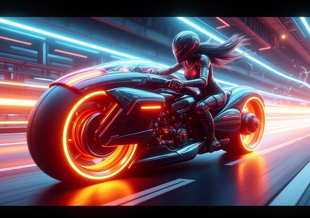 Cyberpunk Woman on Light Cycle in Ghibli Style