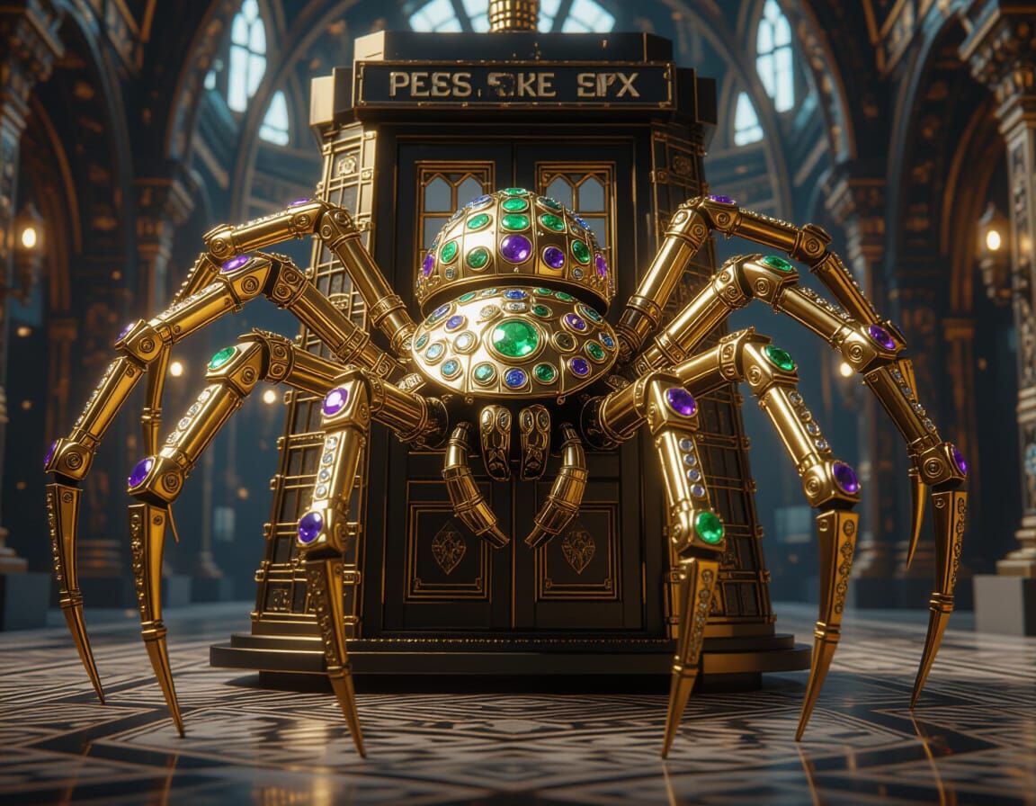 Golden Cyber-Alien Spider-Hybrid in Sci-Fi TARDIS