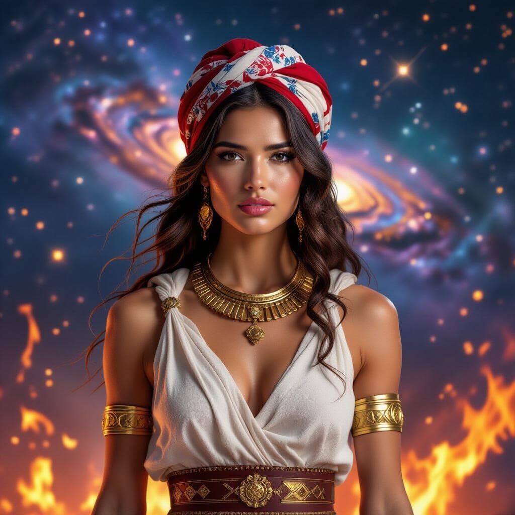 Athena-like Woman Confronts Lion in Cosmic Flames