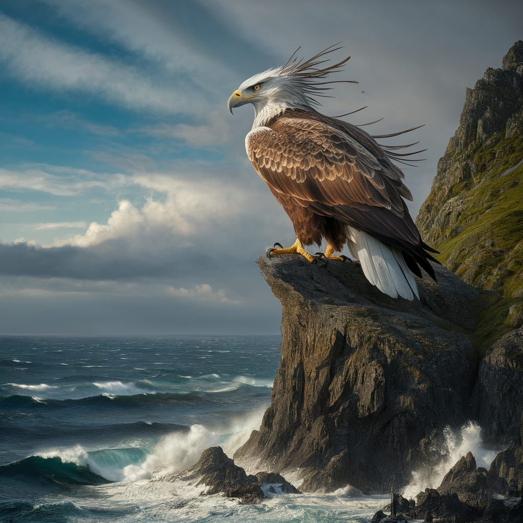 A majestic eagle standing on the edge of a high, rugged cliff overlooking a vast ocean. The eagle, with its sharp eyes a...