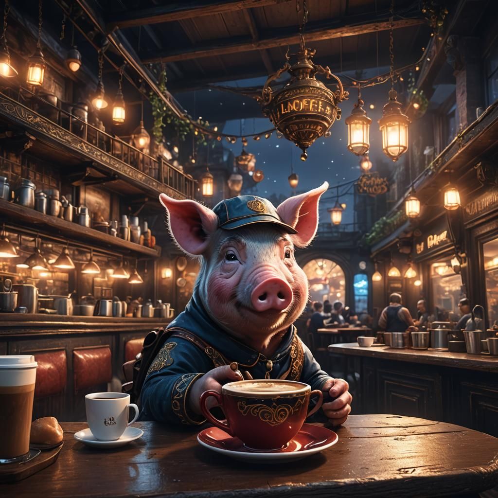 Pig Sipping Coffee: Detailed Matte Painting