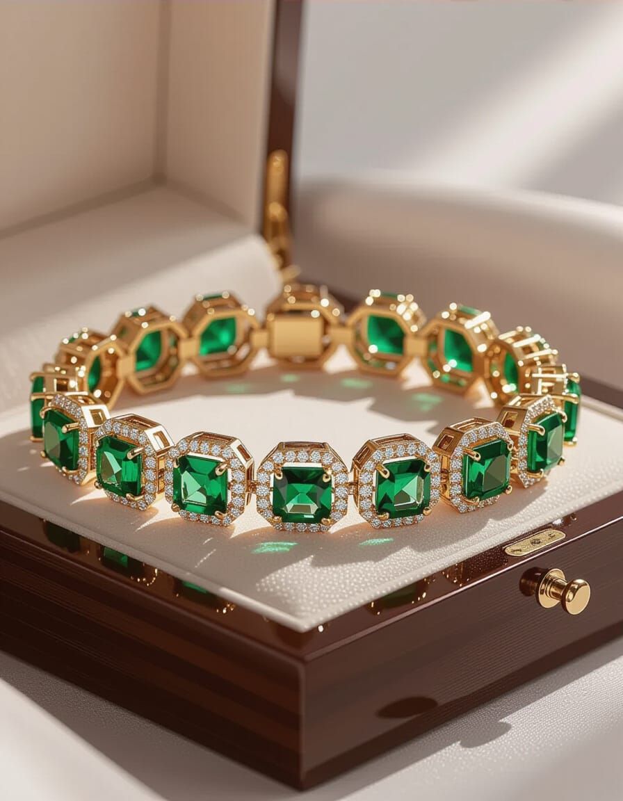 Regal Lady Wearing Emerald and Diamond Bracelet