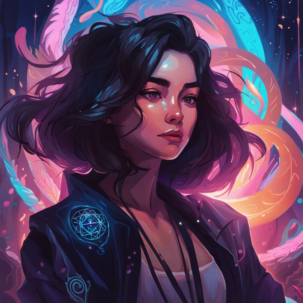 Woman Surrounded by Swirling Runic Magic