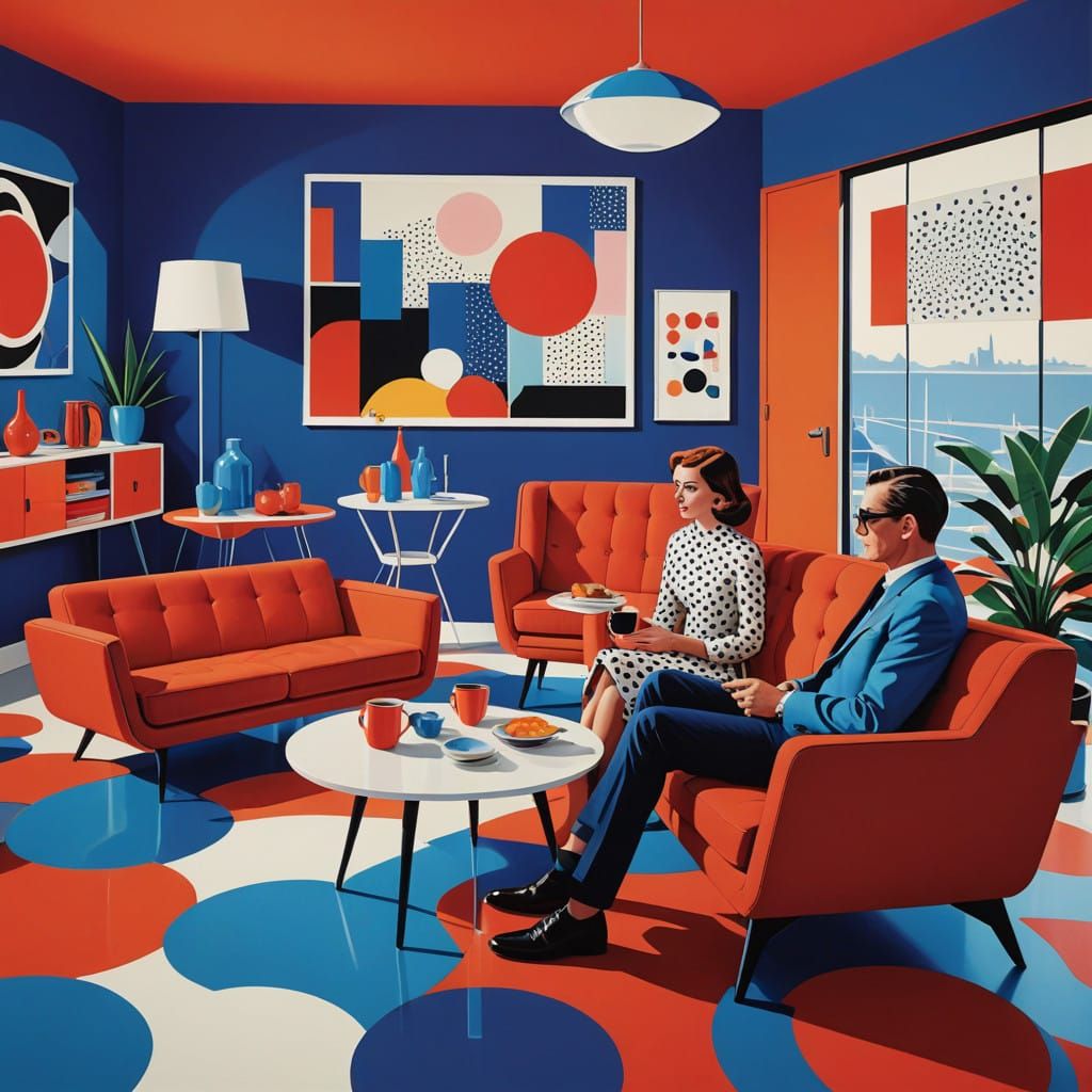 Vibrant Pop Art Scene with Bold Outlines and Retro-Futuristi...