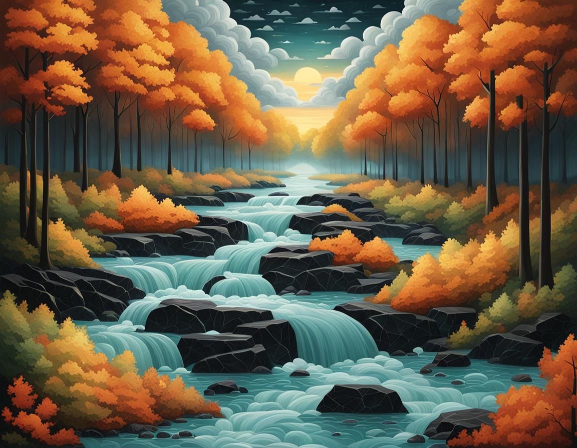 Embossed Black Marble Autumn Forest Art