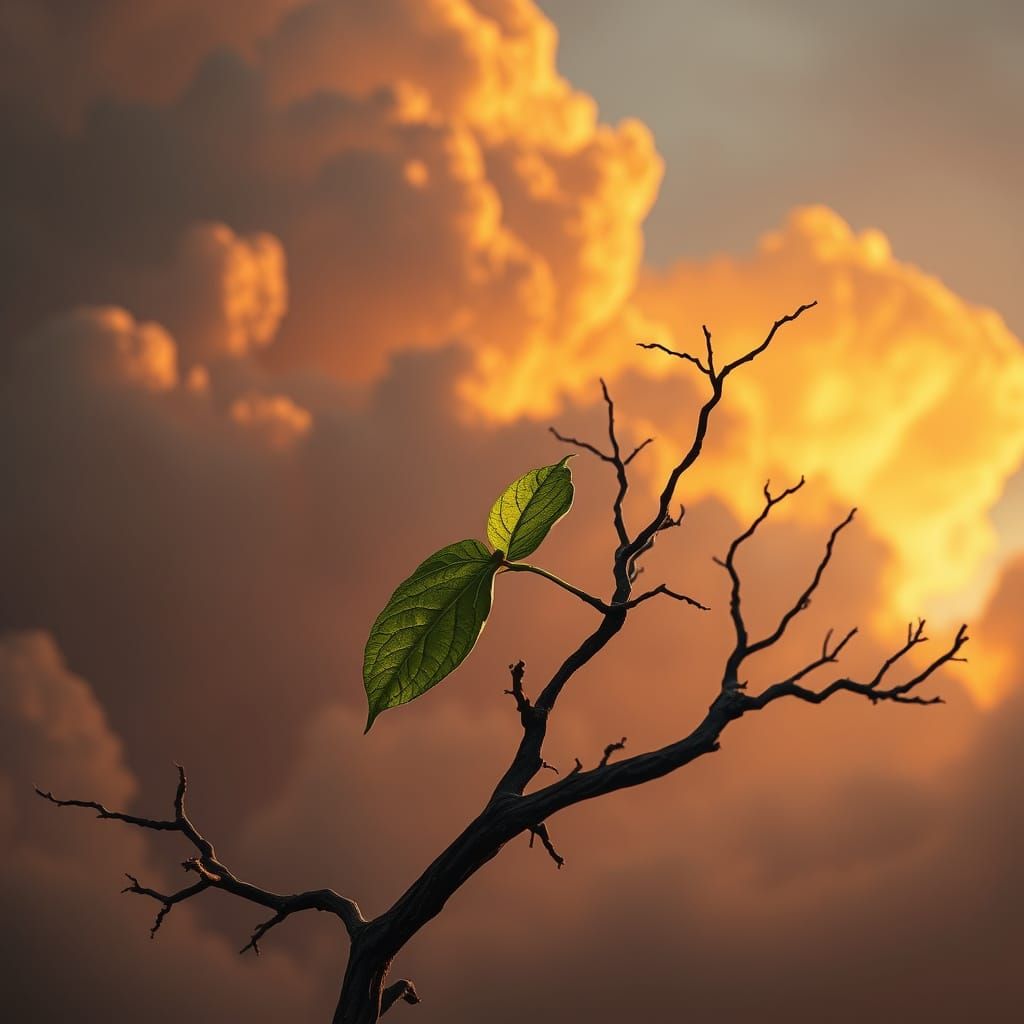 Vibrant Green Leaf Against Warm Orange Sky