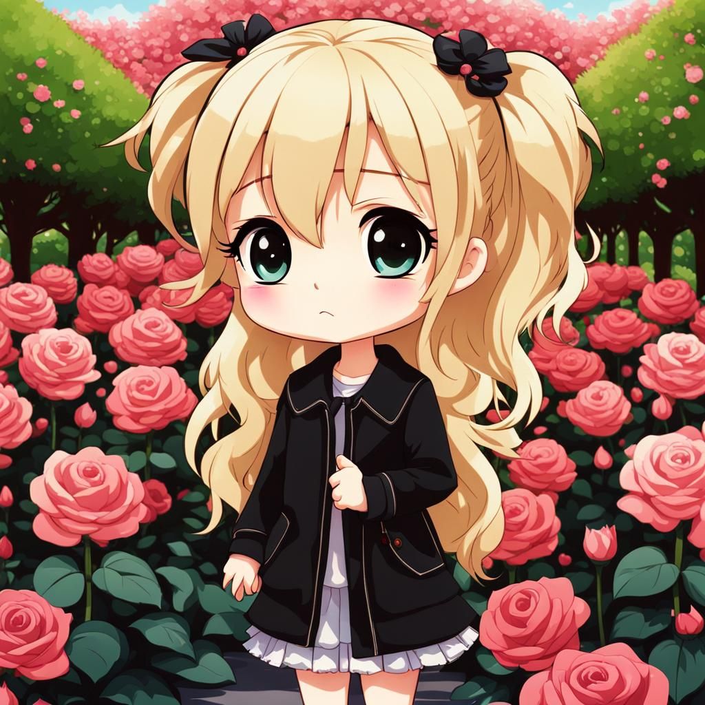 Sad Girl in Rose Garden, Chibi Anime Style