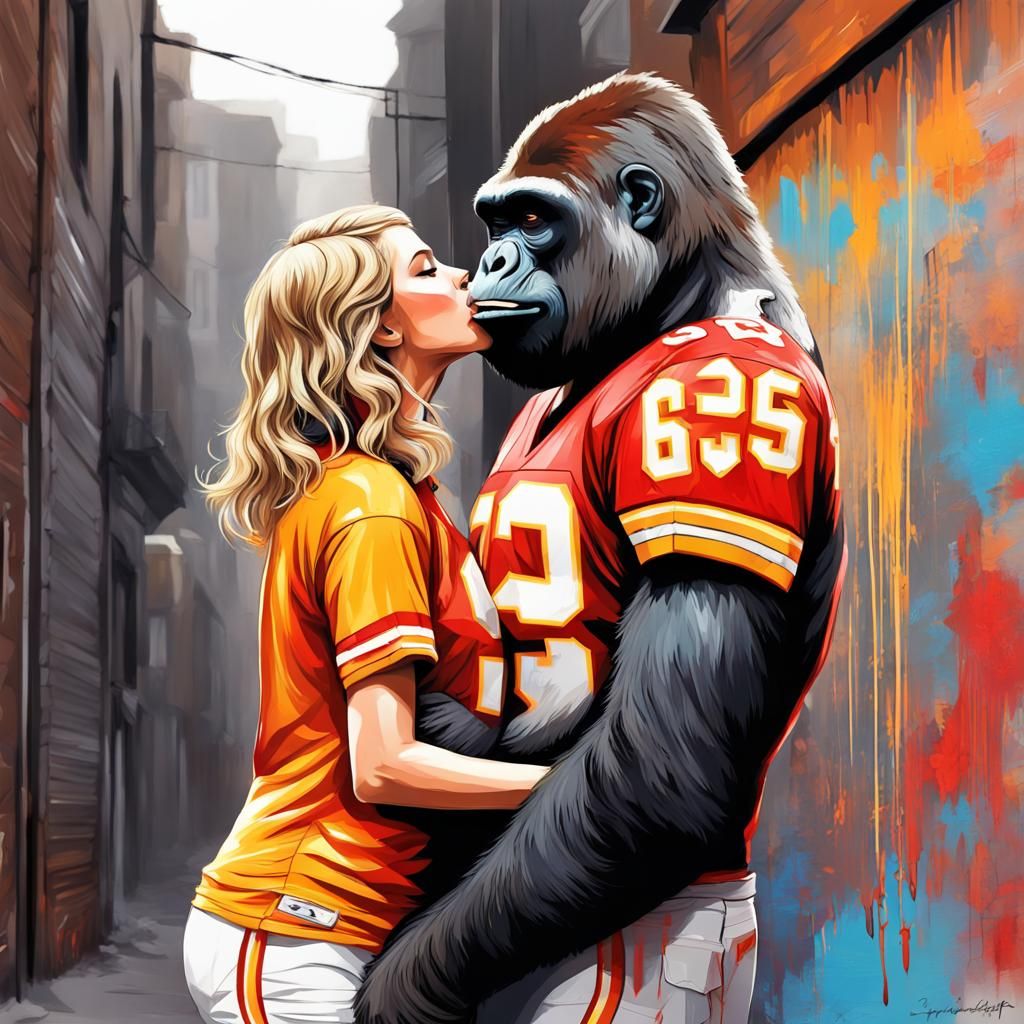 Gorilla in Chiefs Jersey Kissing, Graffiti Art