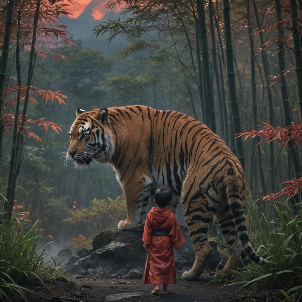 Child and Tiger in Misty Bamboo Forest