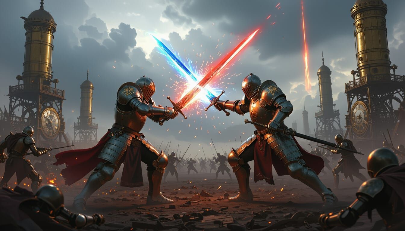 Clockwork Knights Duel in Apocalyptic Fantasy Battlefield