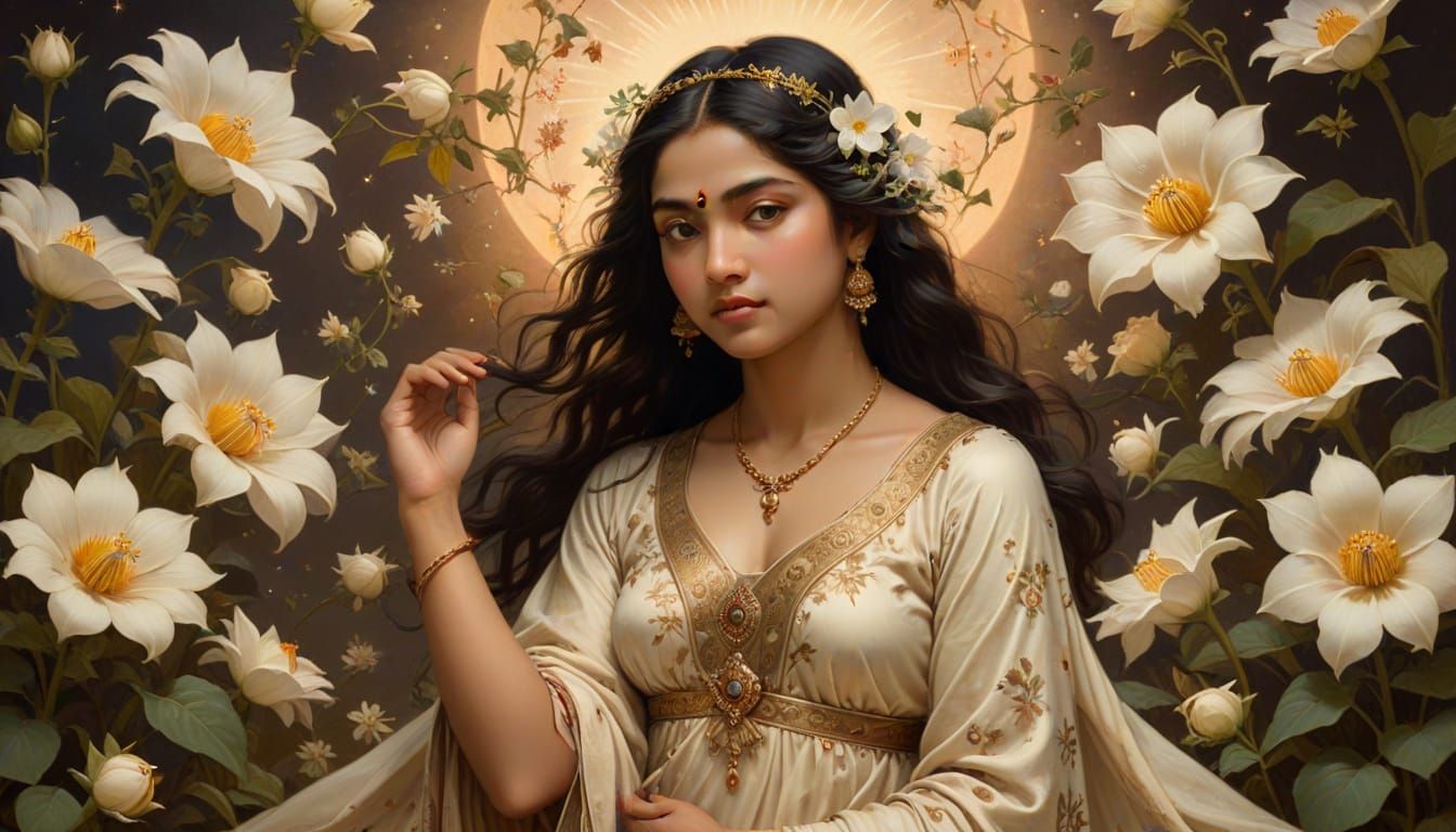 Serene Goddess Emerges from Moonflowers: Classical Painting