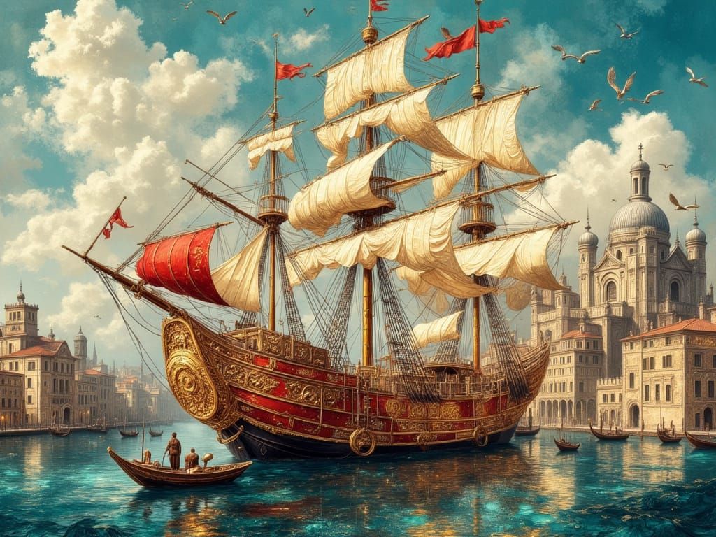 Royal Clipper Ship in Vintage Harbor with Castle