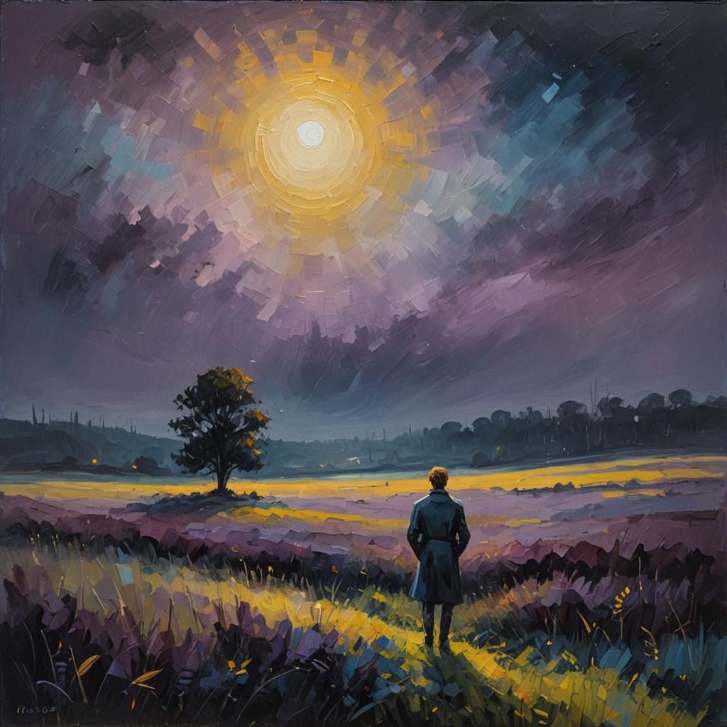 Moody Meadow at Night: Neo-Impressionist Oil Painting