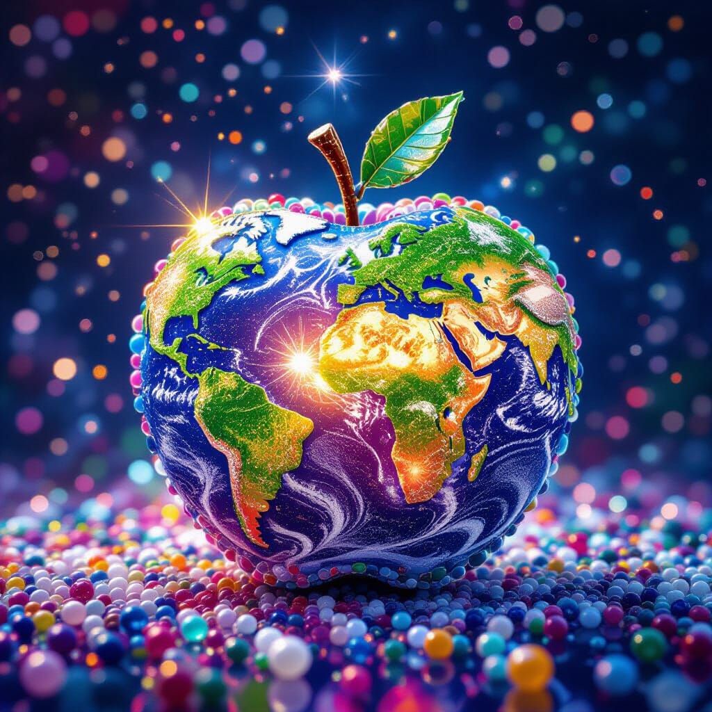 Astral Apple Made of Marbles: Cosmic Illustration