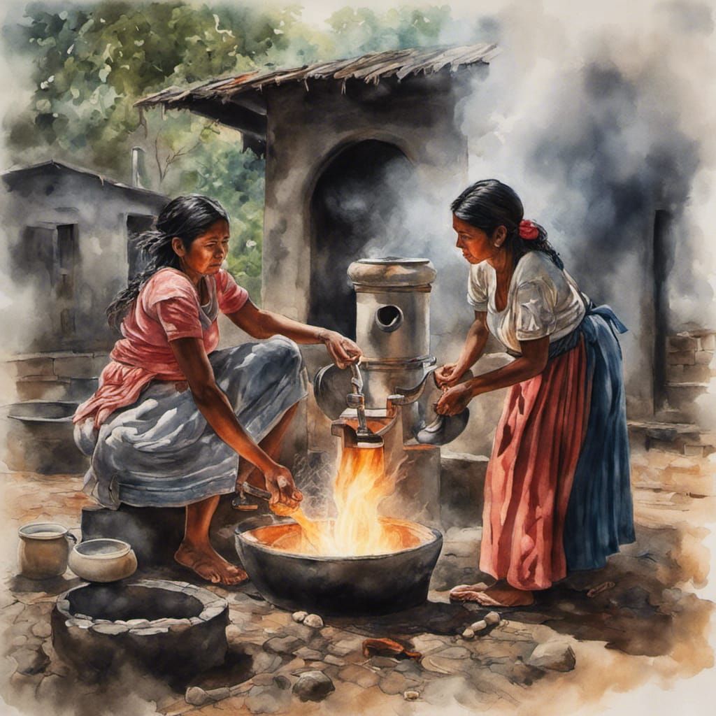 Honduran Women at Well: Watercolor Image