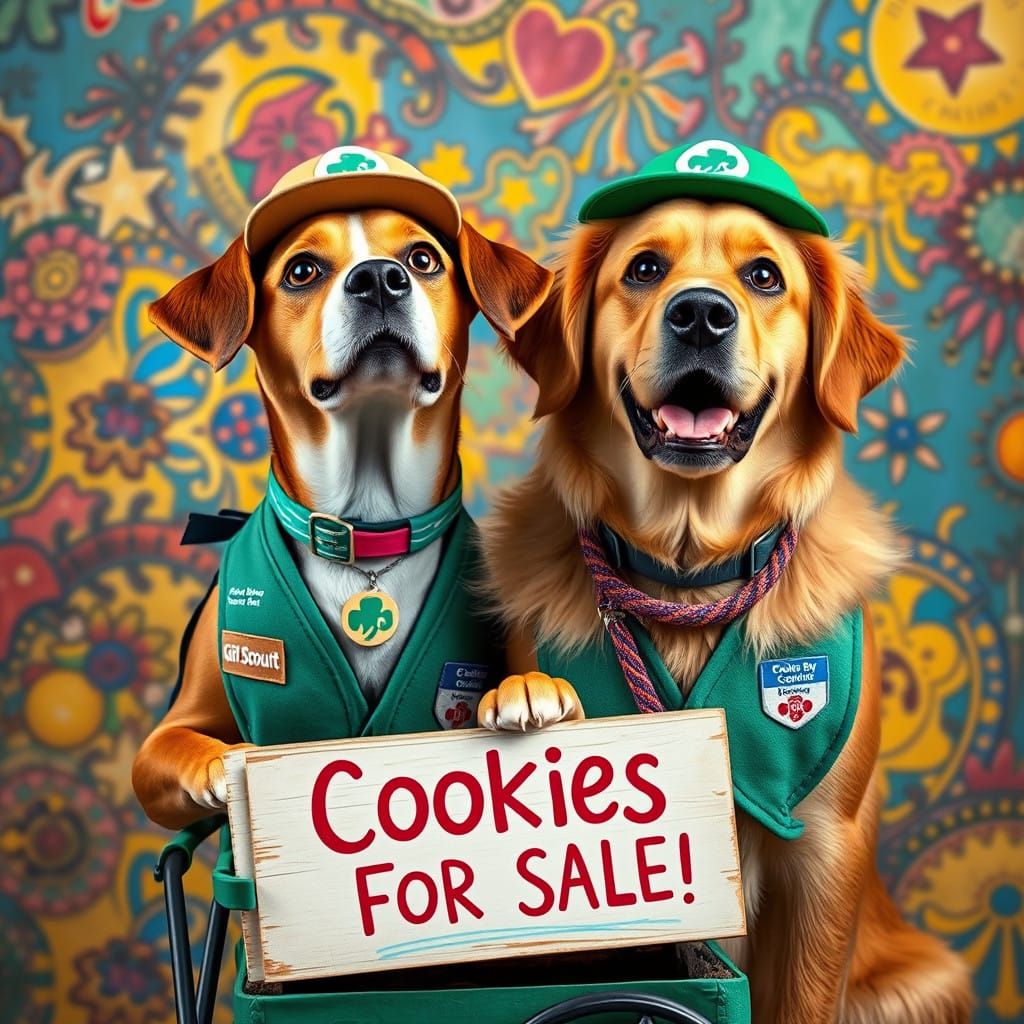 Enthusiastic Dogs Sell Girl Scout Cookies in Vibrant Hyperre...