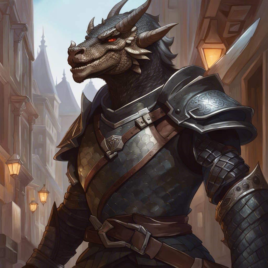 Dragonborn Warrior in Waterdeep, Hyperdetailed Concept Art