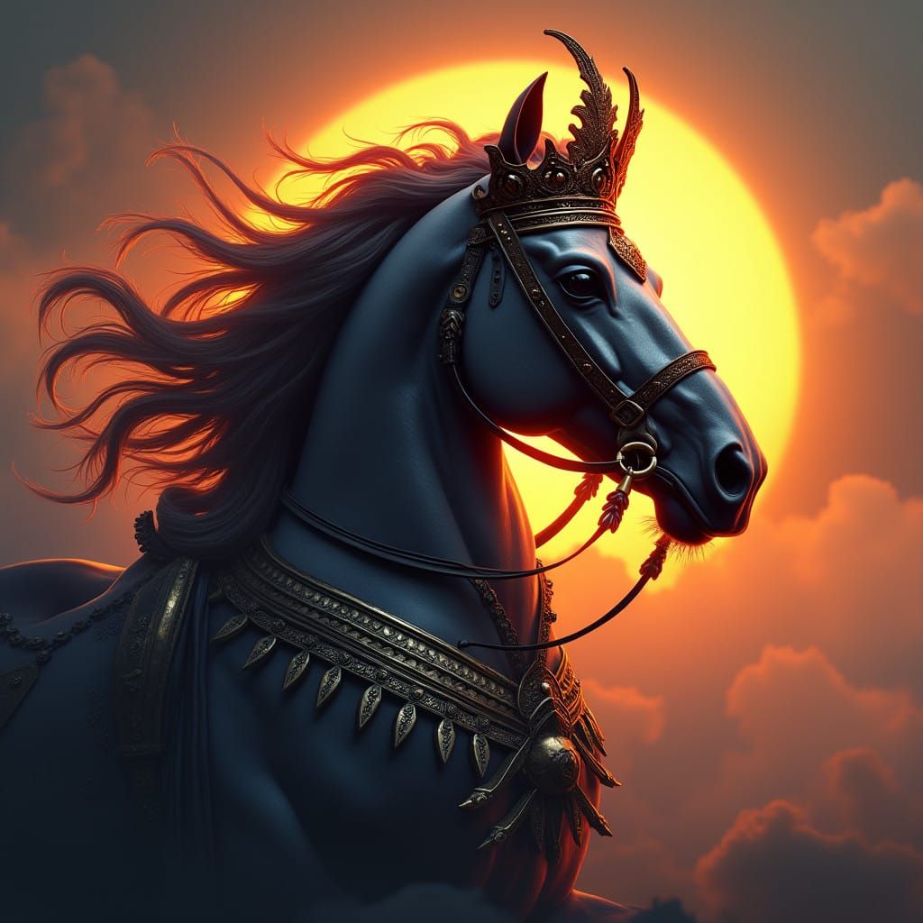 Medieval Fantasy Stallion Logo in Fiery Sunset Regalia